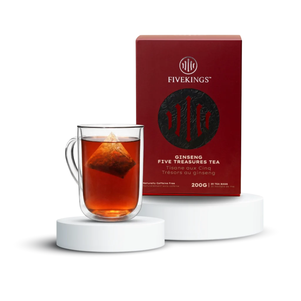 FIVEKINGS Ginseng Five Treasures Tea box beside a glass of amber herbal tea