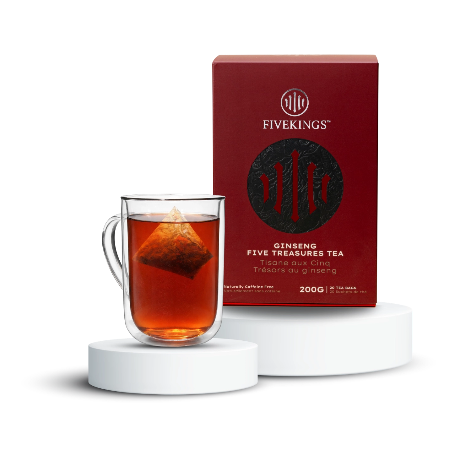 FIVEKINGS Premium Ginseng Five Treasures Tea box beside a glass of amber herbal tea